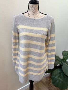 J.Jill Petite Gray Yellow Oversized Striped Knit Sweater Long Sleeve Small P